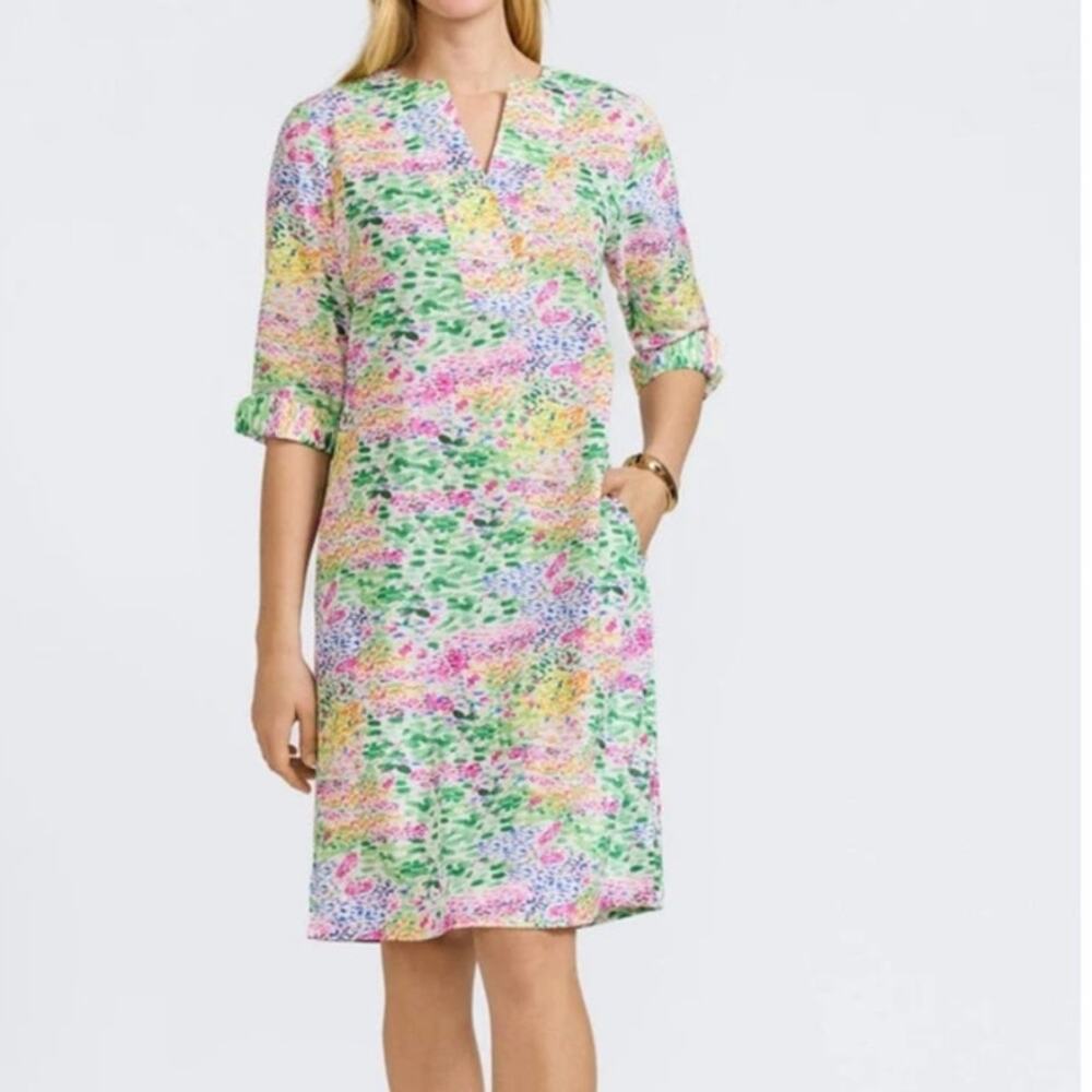 Foxcroft Vena Linen Impressionist Floral 3/4 Sleeve Dress NWT Monet Artsy